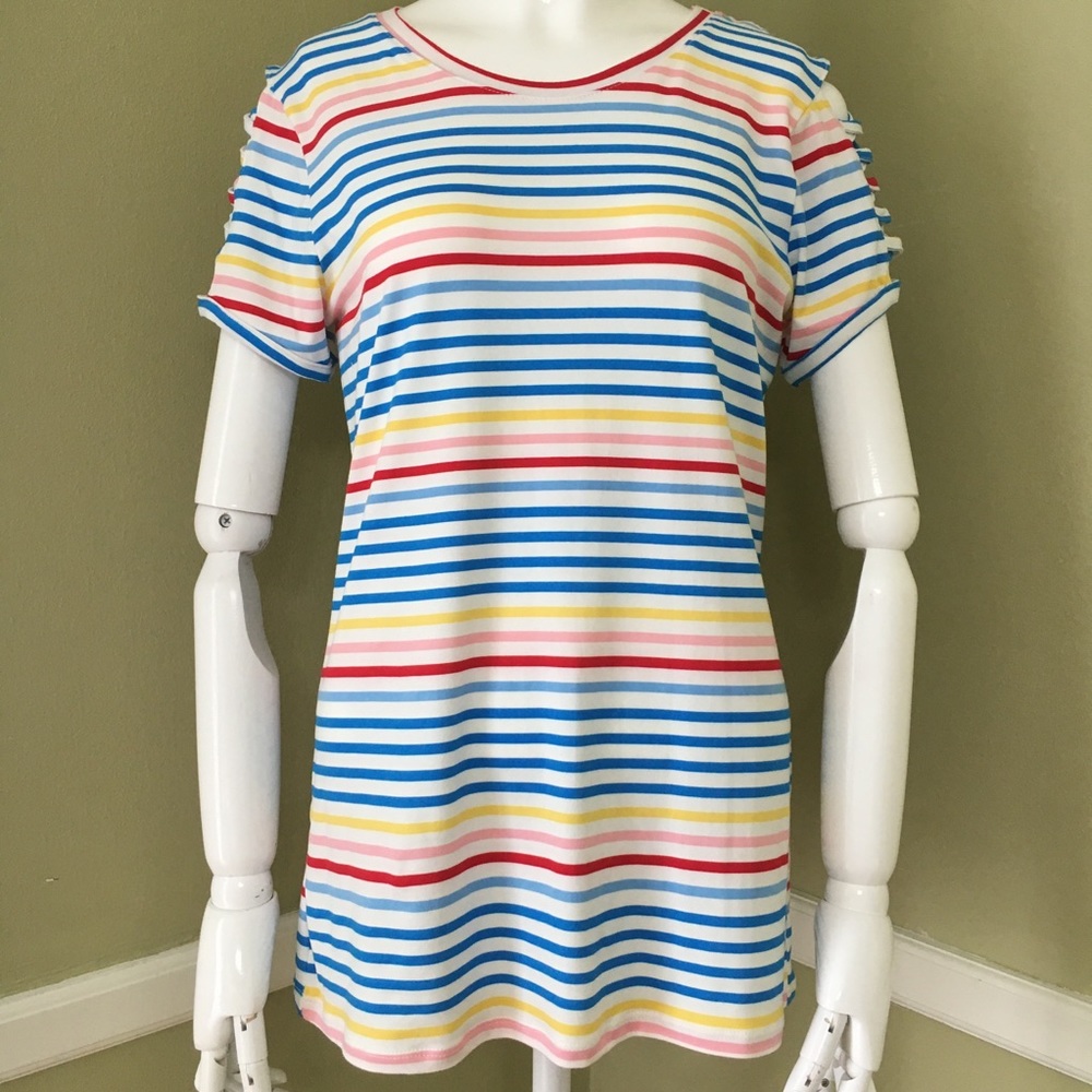POOF New York Striped Crew Neck Criss Cross Sleeve
